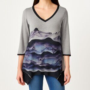 Womens M Gray Watercolor Print V-Neck Tunic Top Boho Artcore Handkerchief Hem